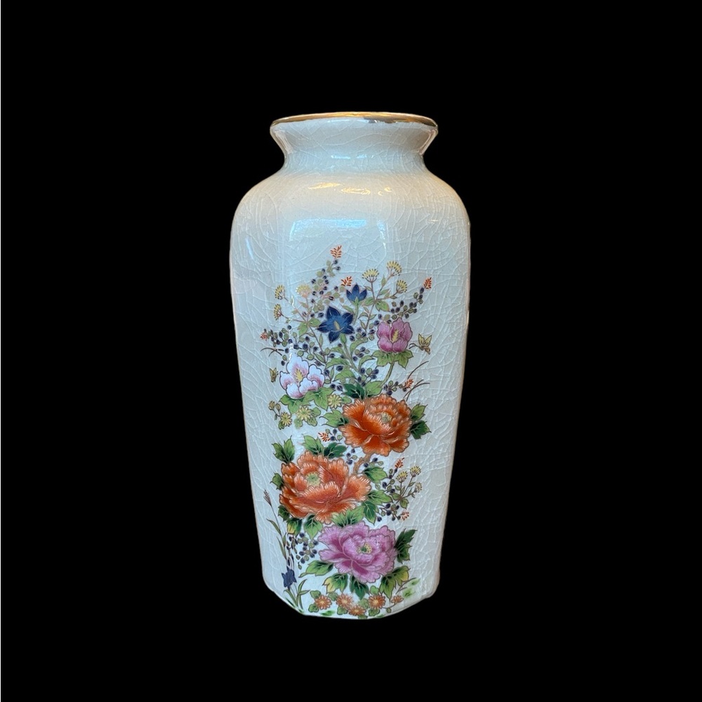 VTG Japan Octagonal Vase Porcelain Crackle glaze off white gold rim flowers 6".
